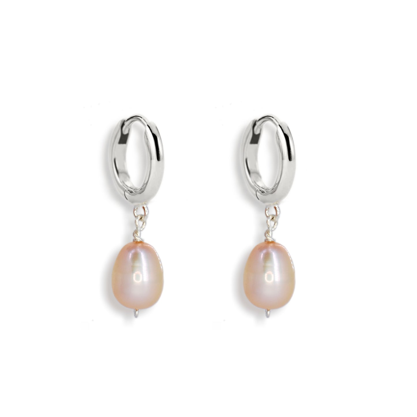 Silver Huggie Pink Freshwater Pearl Drop Earrings