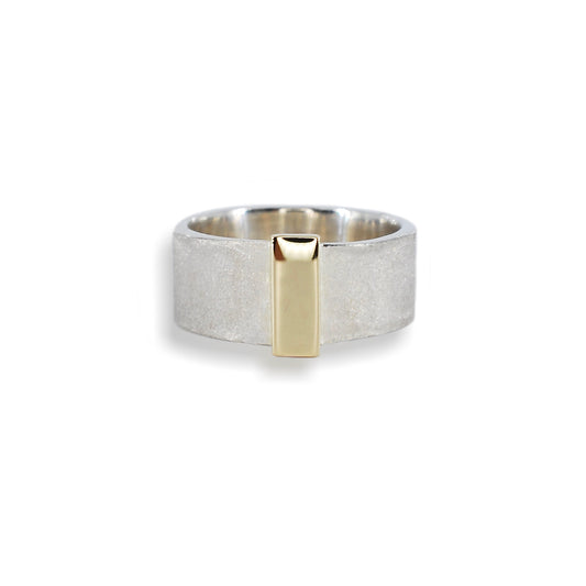 Silver Diamond Textured & 9ct Polished Gold Feature Ring