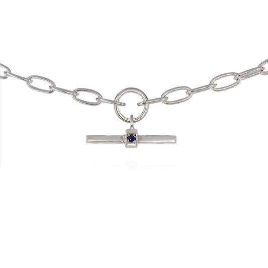 Silver 'T' Bar Sapphire Pendant Necklace